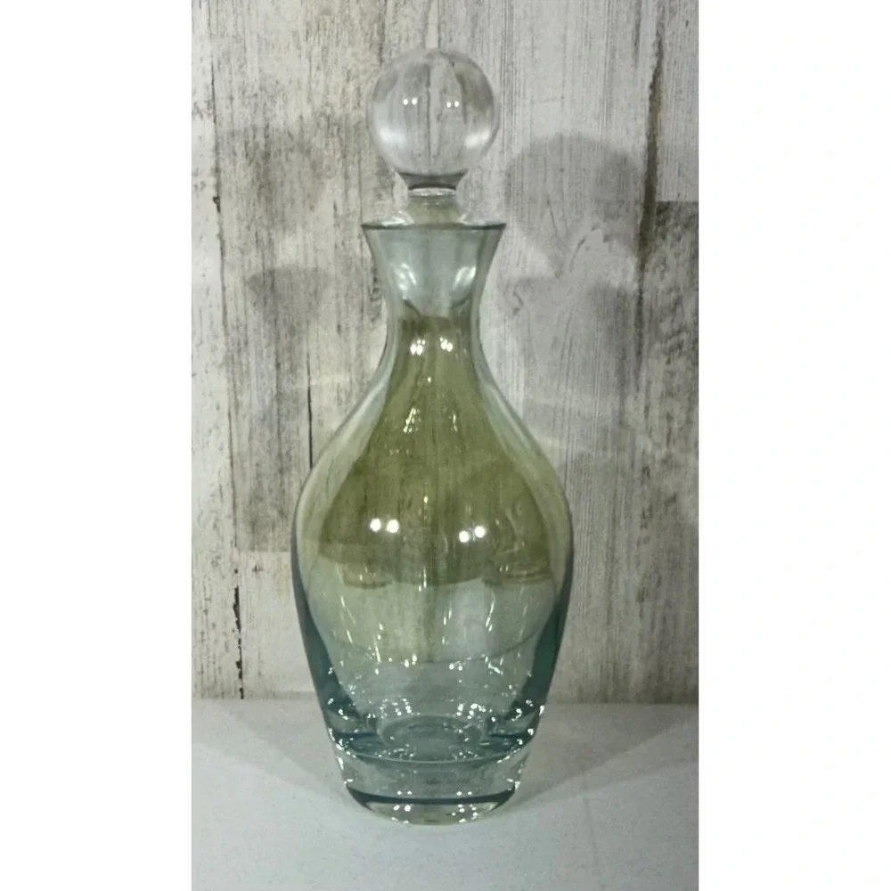 Krosno Poland Art Glass Decanter Green with Clear Ball Stopper Barware Scandi